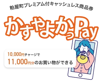 粕屋町プレミアム付電子商品券、かすよかっPay、10,000円チャージで11,000円分の買い物ができる